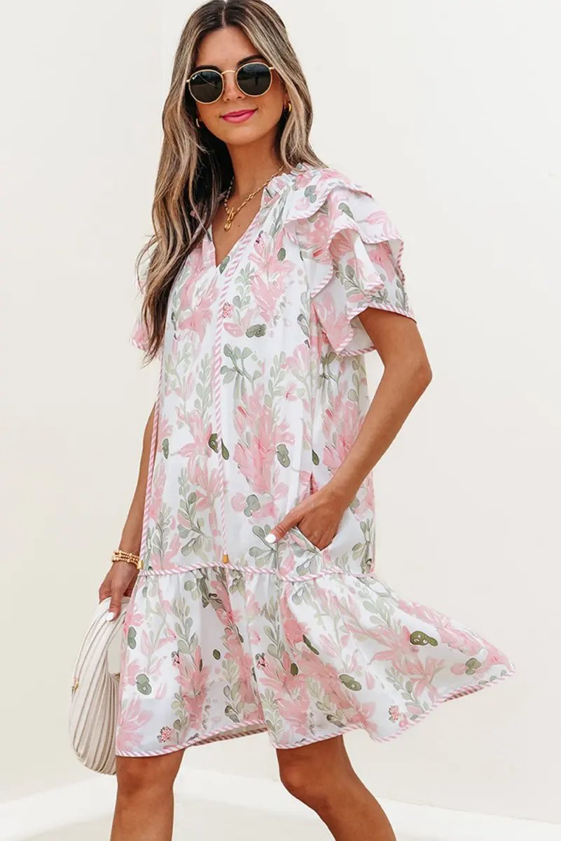 Pink Floral Contrast Edge Layered Short Sleeve Mini Dress - Love Salve